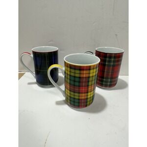 Jeffrey Banks Home Coffee Mug set of 3 Tea Cup Tartan Plaid Holiday Mugs Checks